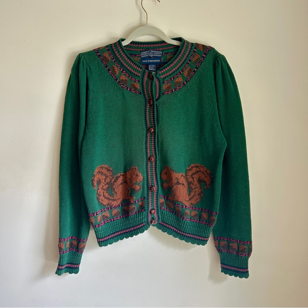 Vintage Green Cotton Cardigan with Squirrels Hand Embroidered Fall Theme